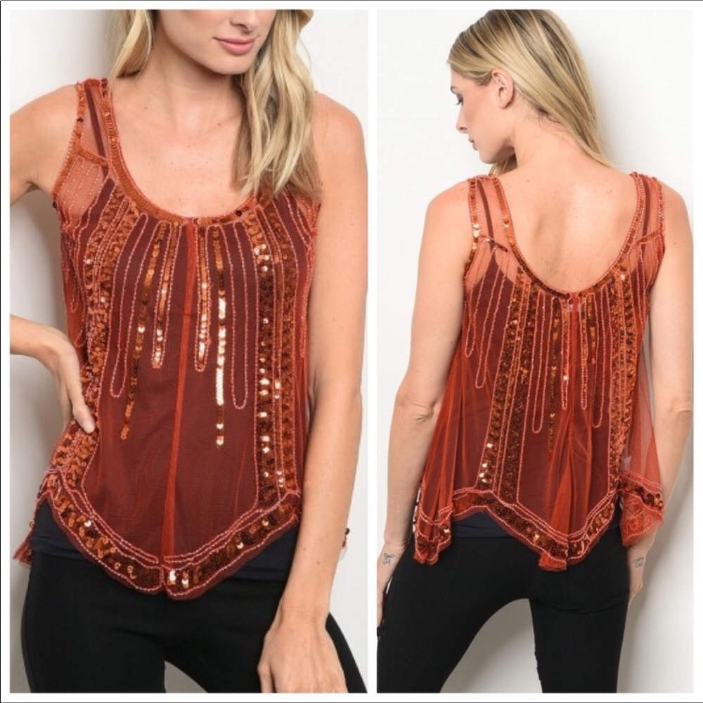Earth Red Sequin Mesh Tank Top. - Picture 2 of 2